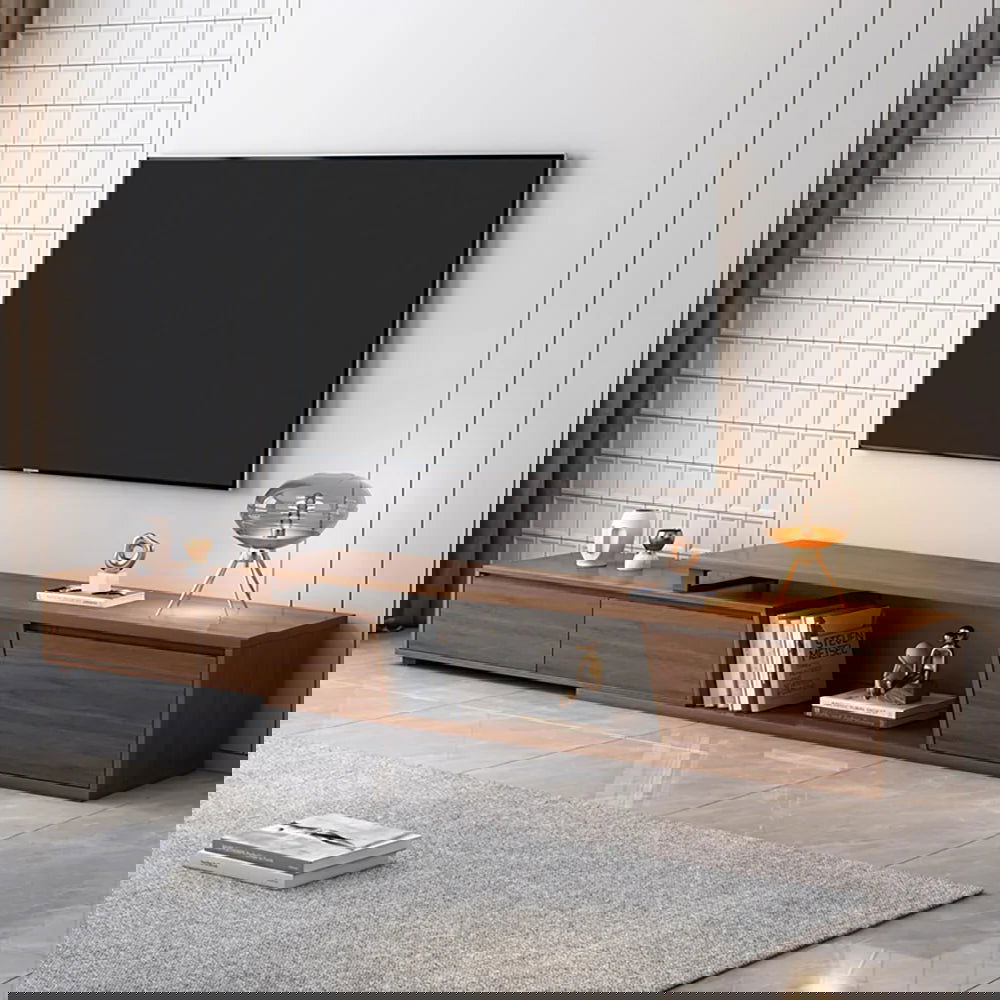 Fero Minimalist Walnut Rectangle Extendable TV Stand & Round Nesting Coffee Table Set - 