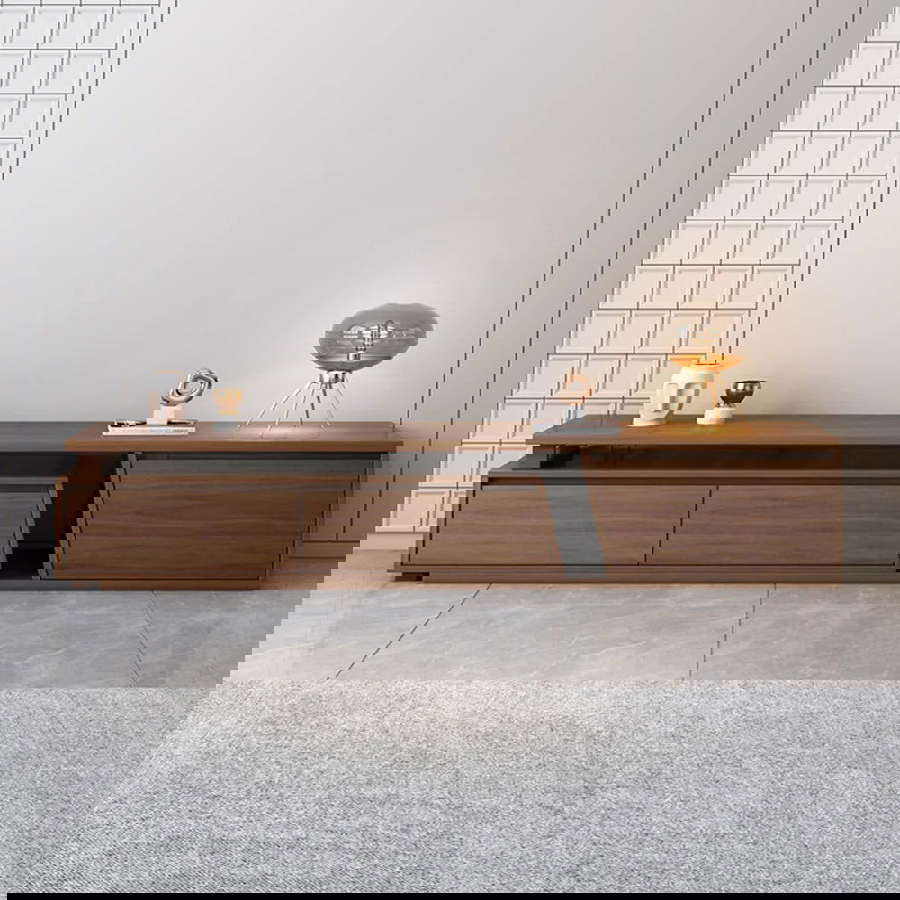 Fero Minimalist Walnut Rectangle Extendable TV Stand & Round Nesting Coffee Table Set - 