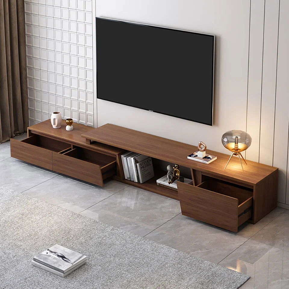 Fero Minimalist Walnut Rectangle Extendable TV Stand & Round Nesting Coffee Table Set - 