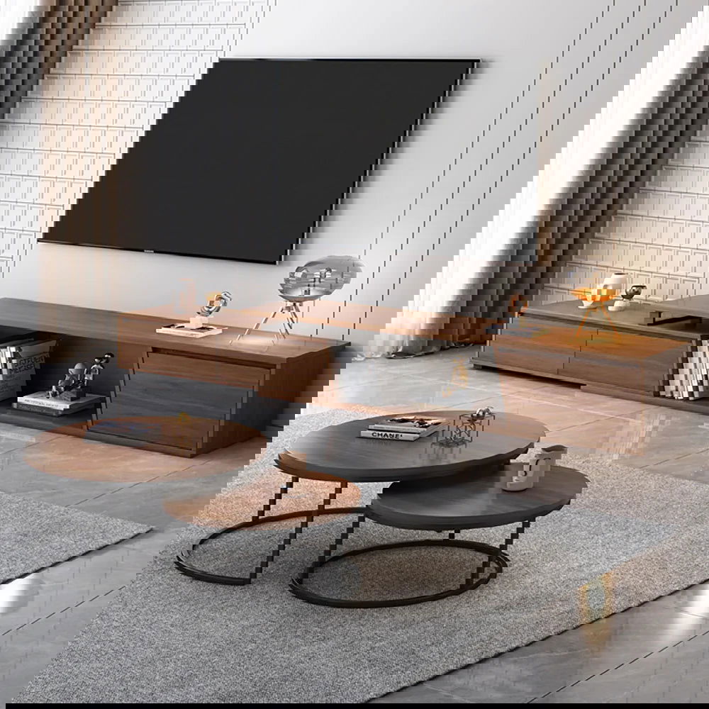 Fero Minimalist Walnut Rectangle Extendable TV Stand & Round Nesting Coffee Table Set - Homary