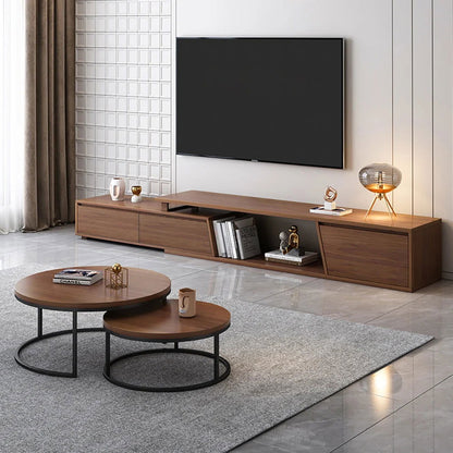 Fero Minimalist Walnut Rectangle Extendable TV Stand & Round Nesting Coffee Table Set - Homary