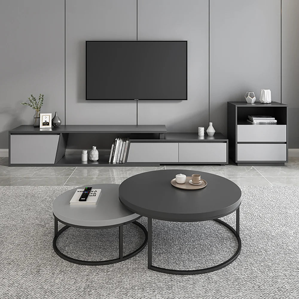 Fero Modern Grey Retractable Extendable TV Stand & Round Nesting Coffee Table Set Black - 