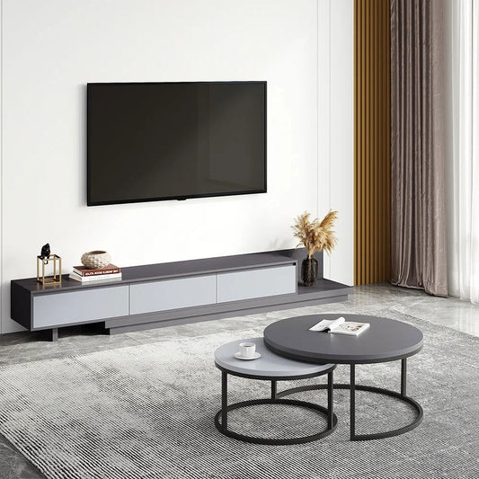 Fero Modern Grey Retractable Extendable TV Stand & Round Nesting Coffee Table Set Black - Homary