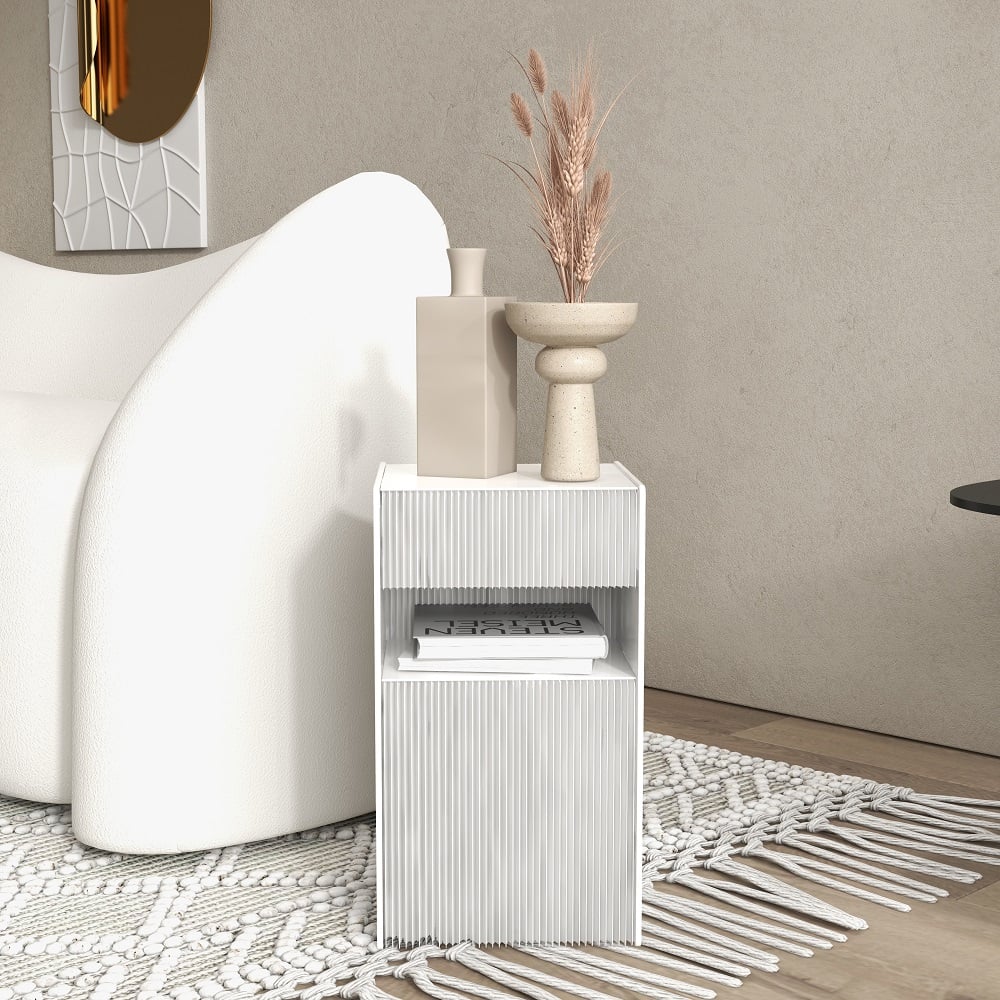 Foldable End Table with Storage Shelves Acrylic Tabletop Side Table White - 