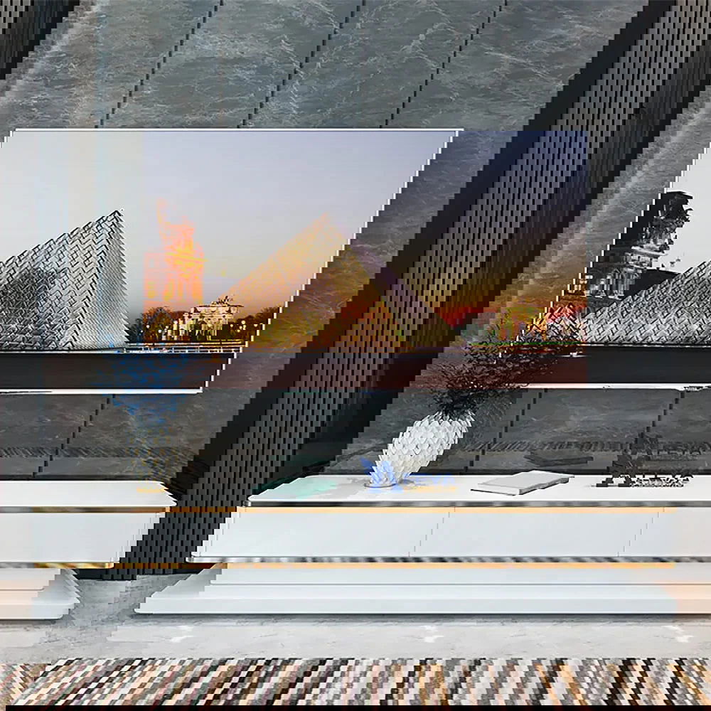 Gapn White TV Media Console with Storage 3 Drawers Tempered Glass for TVs Up to 1981mm - Approved By Design