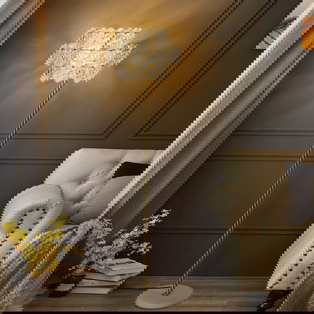 Glam 3-Light Gold Plug-in Brass Standing Floor Lamp with Marble Base for Living Room - Homary