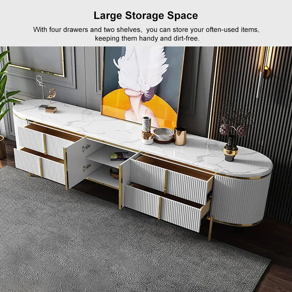 Gline Modern Oval TV Stand White Marble Top with Drawers & Storage for 2159mm TV - Homary