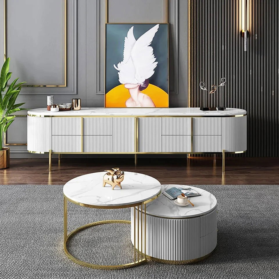 Gline Modern Oval TV Stand White Marble Top with Drawers & Storage for 2159mm TV - Homary