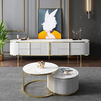Gline Modern Oval TV Stand White Marble Top with Drawers & Storage for 2159mm TV - Homary