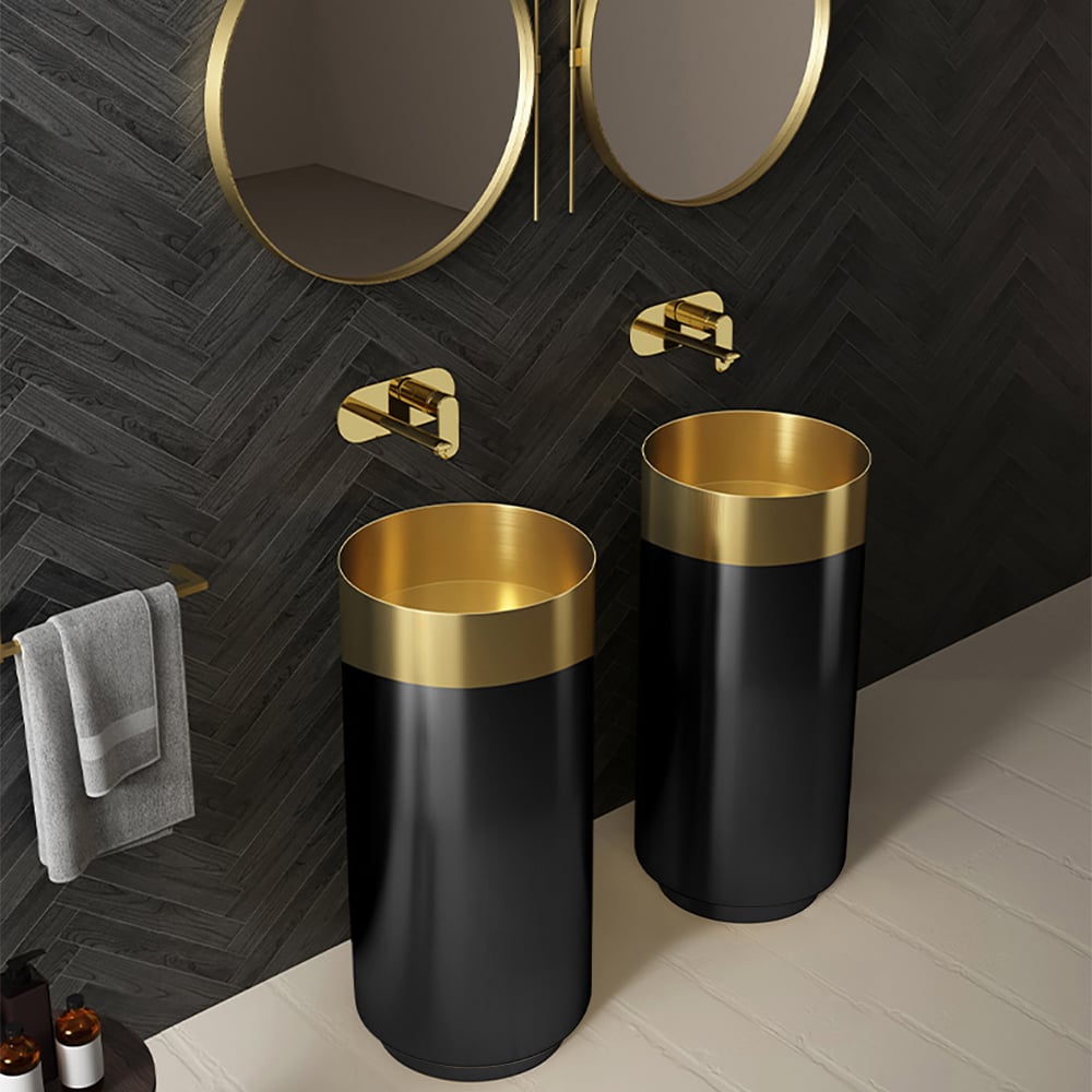Gold & Black Modern Luxury Round Stainless Steel Basin Pedestal Basin Freestanding - 