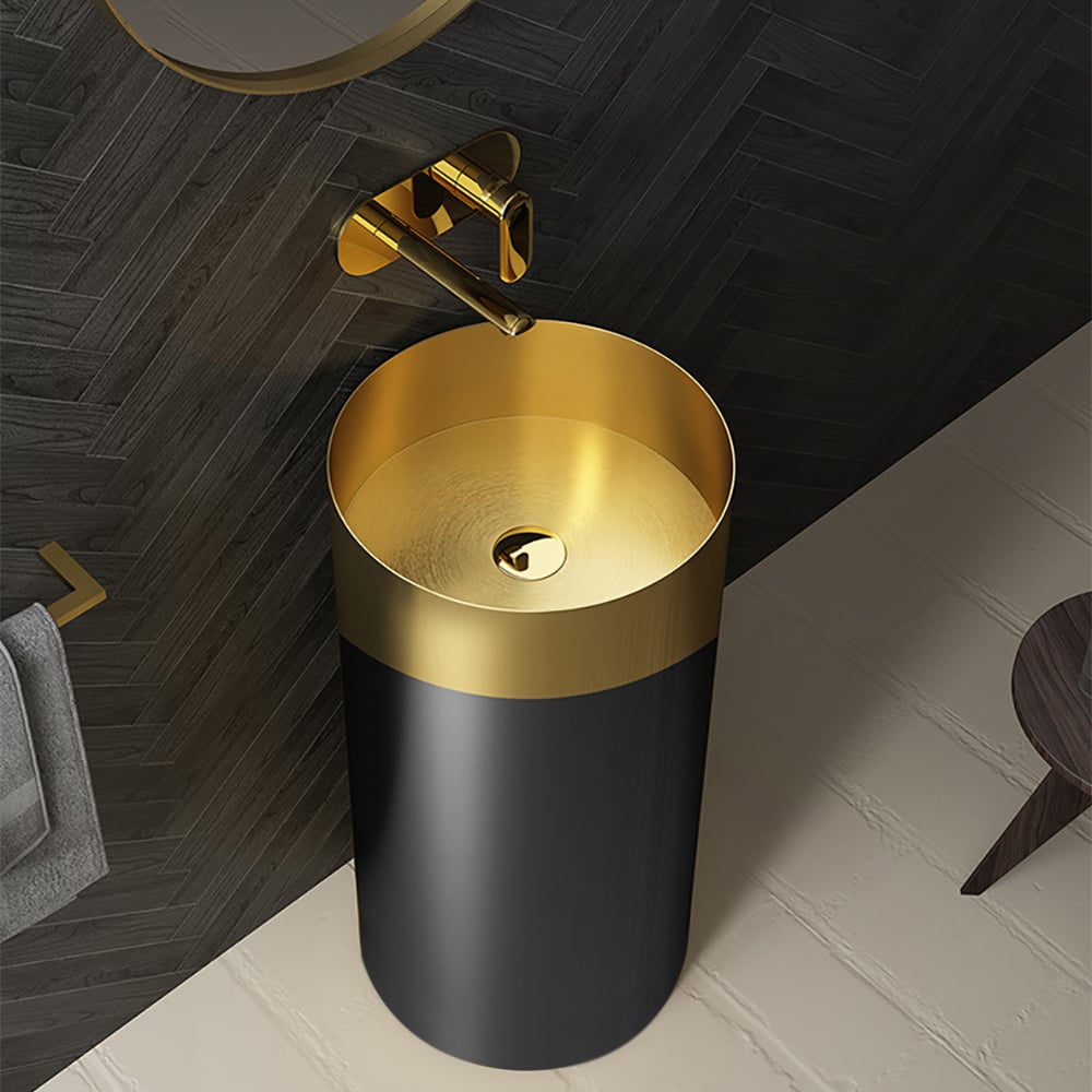 Gold & Black Modern Luxury Round Stainless Steel Basin Pedestal Basin Freestanding - 