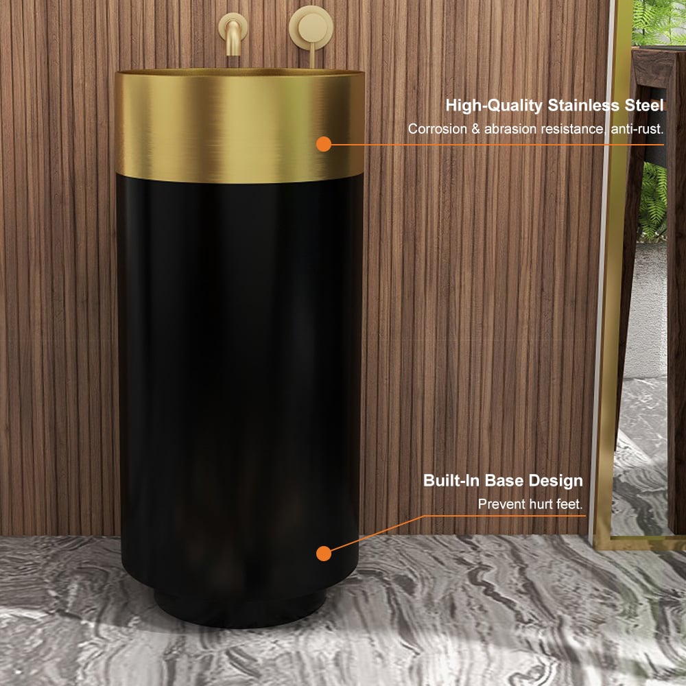 Gold & Black Modern Luxury Round Stainless Steel Basin Pedestal Basin Freestanding - 