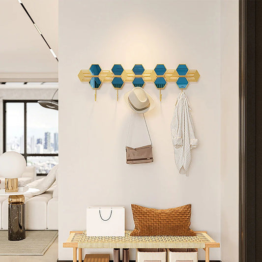 Gold & Blue Luxury Entryway Wall Mounted 5-Hook Coat Rack - Homary
