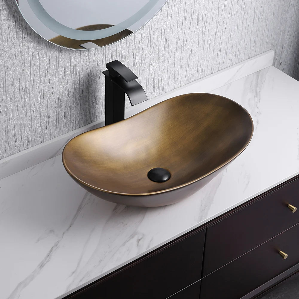 Gold Ceramic Countertop Bathroom Wash Basin Boat Shaped - Homary