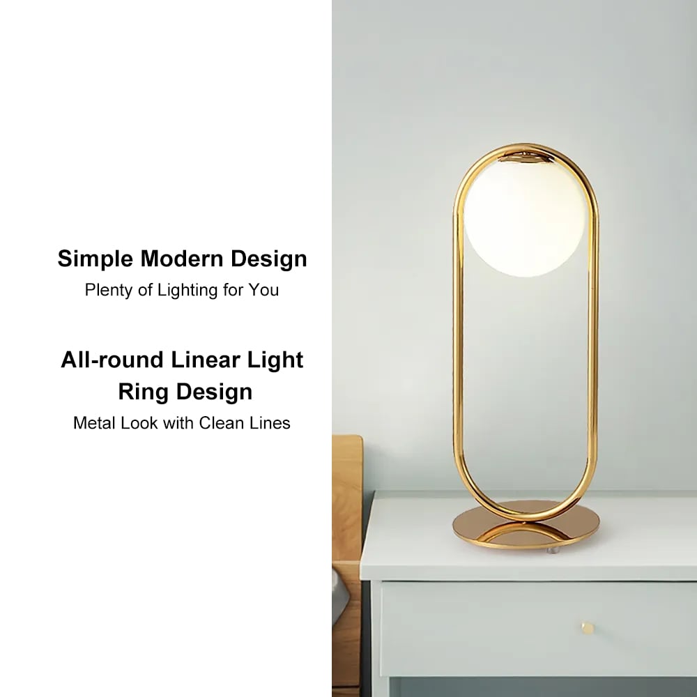 Gold Metal White Glass Globe Table Lamp LED for Bedroom - 