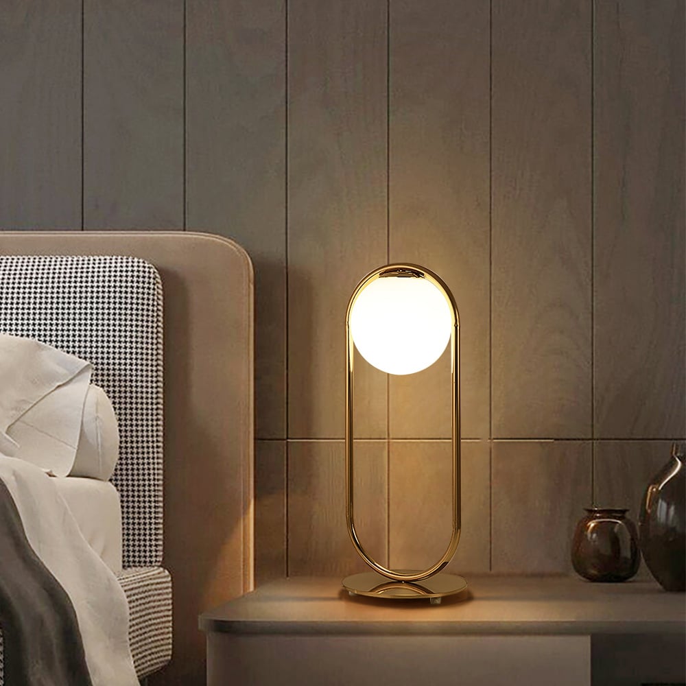 Gold Metal White Glass Globe Table Lamp LED for Bedroom - 