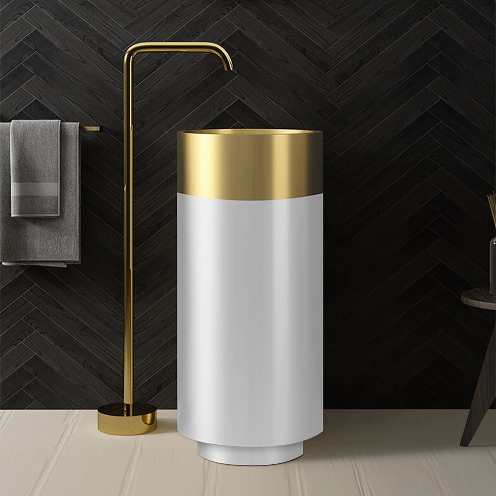 Gold & White Modern Luxury Round Stainless Steel Basin Pedestal Basin Freestanding - 