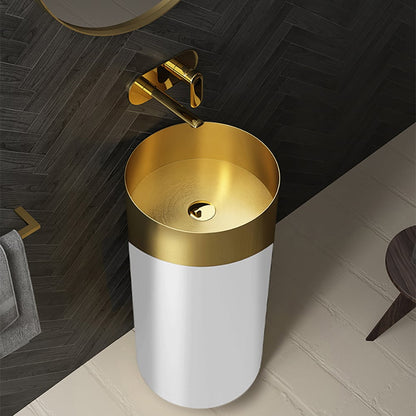 Gold & White Modern Luxury Round Stainless Steel Basin Pedestal Basin Freestanding - 