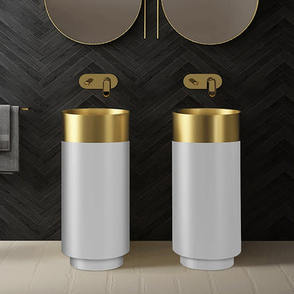 Gold & White Modern Luxury Round Stainless Steel Basin Pedestal Basin Freestanding - Homary