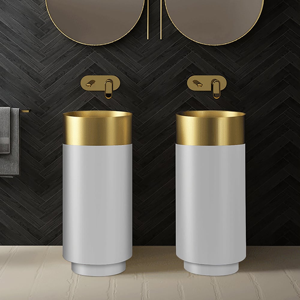 Gold & White Modern Luxury Round Stainless Steel Basin Pedestal Basin Freestanding - Homary