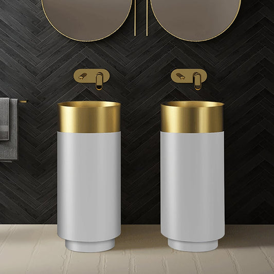 Gold & White Modern Luxury Round Stainless Steel Basin Pedestal Basin Freestanding - Homary