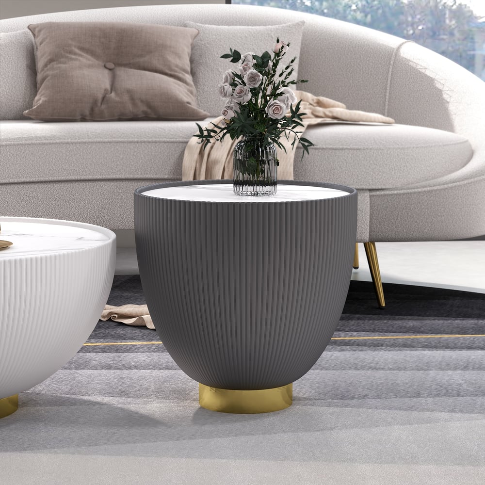 Gray Drum Coffee Table Sintered Stone Round PU-Leather Accent Table - Homary