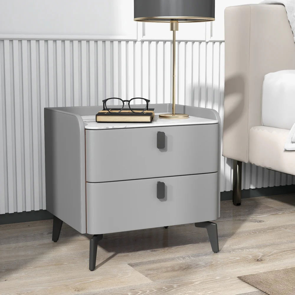 Gray Modern Luxury 2 Drawers Bedroom Nightstand Sintered Stone Bedside Table - 