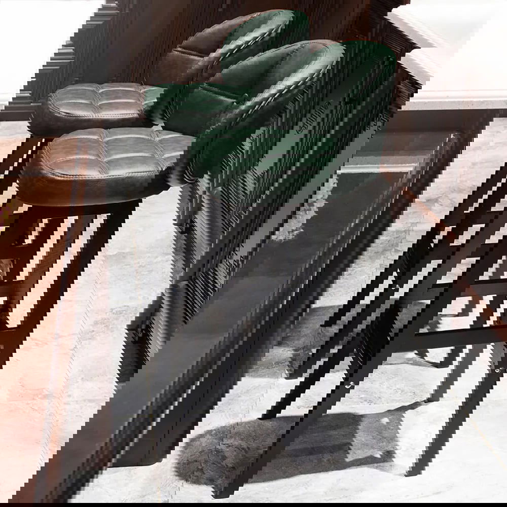 Green PU Leather Bar Height Rustic Bar Stools Set of 2 Tufted Curved Back - 