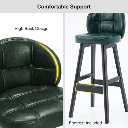 Green PU Leather Bar Height Rustic Bar Stools Set of 2 Tufted Curved Back - 