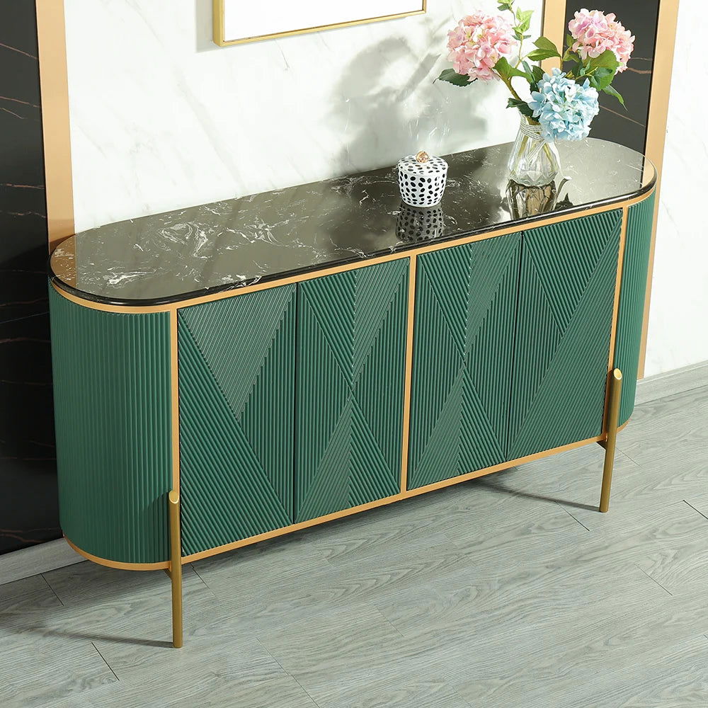 Green Sideboard Buffet Oval Faux Marble Top 1500mm Sideboard Cabinet 4 Doors & Shelves - 