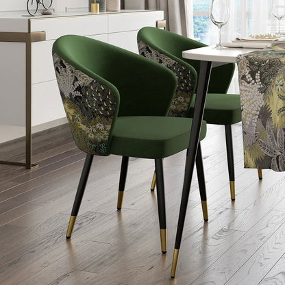 Green Upholstered Velvet Dining Chair Modern Arm Chair in Gold & Black - 