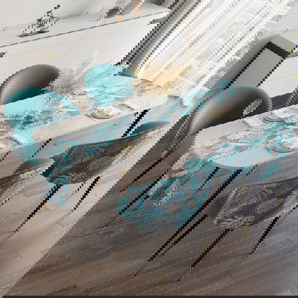 Greenish Blue Velvet Dining Chair Curved Back Modern Arm Chair Gold & Black - 