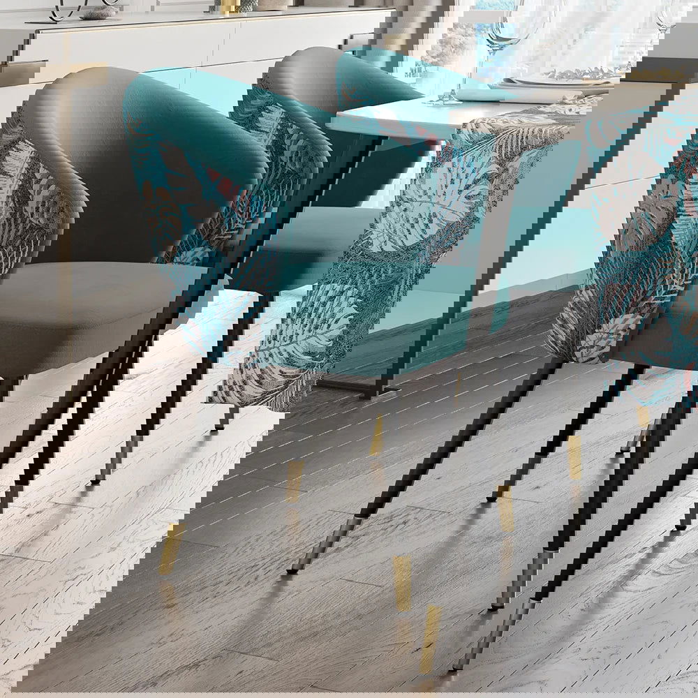 Greenish Blue Velvet Dining Chair Curved Back Modern Arm Chair Gold & Black - 