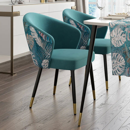 Greenish Blue Velvet Dining Chair Curved Back Modern Arm Chair Gold & Black - 
