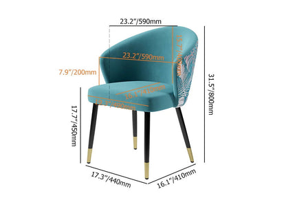 Greenish Blue Velvet Dining Chair Curved Back Modern Arm Chair Gold & Black - 