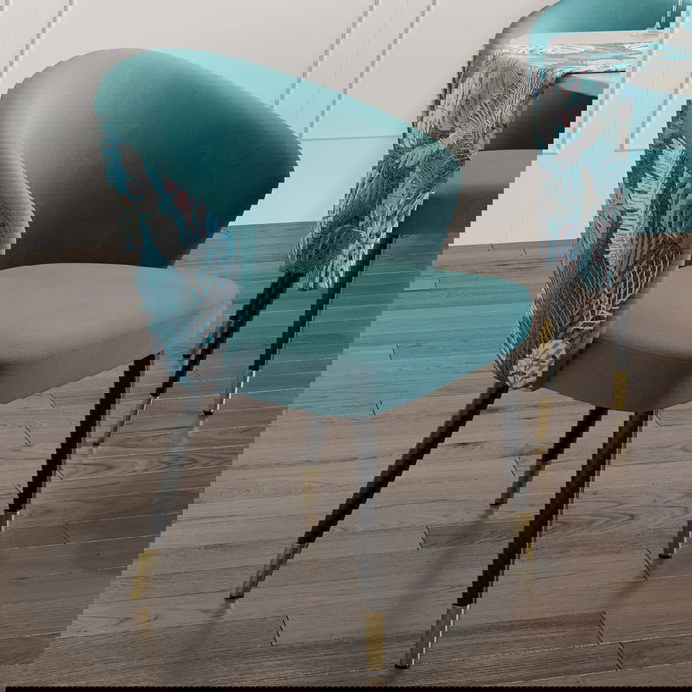 Greenish Blue Velvet Dining Chair Curved Back Modern Arm Chair Gold & Black - 