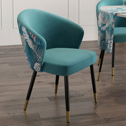 Greenish Blue Velvet Dining Chair Curved Back Modern Arm Chair Gold & Black - 