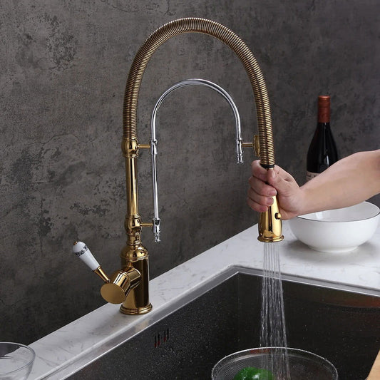 High Arc Dual-Mode Pull-Down Kitchen Faucet Solid Brass with Porcelain Handle - Homary