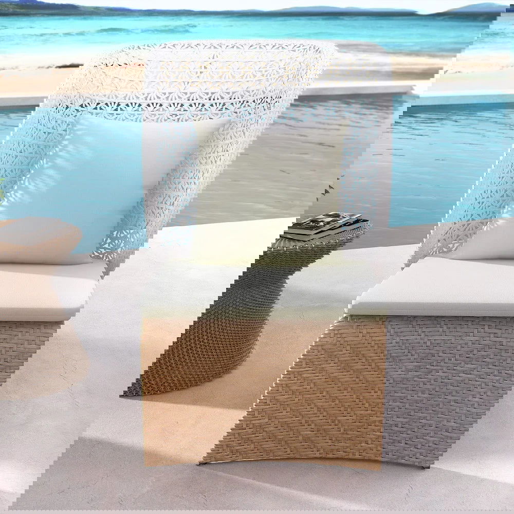 Hofer Rattan Outdoor Wingback Chair with White Cushion Pillow with Arched Bottom - 