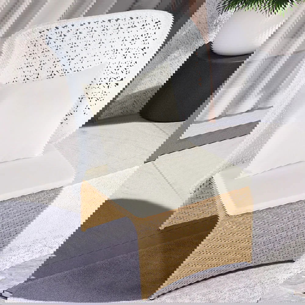 Hofer Rattan Outdoor Wingback Chair with White Cushion Pillow with Arched Bottom - 