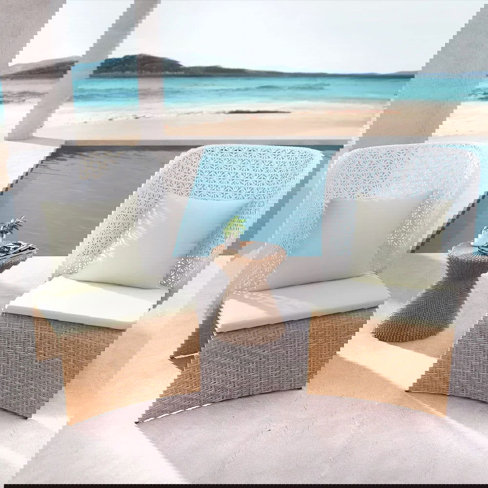 Hofer Rattan Outdoor Wingback Chair with White Cushion Pillow with Arched Bottom - Homary