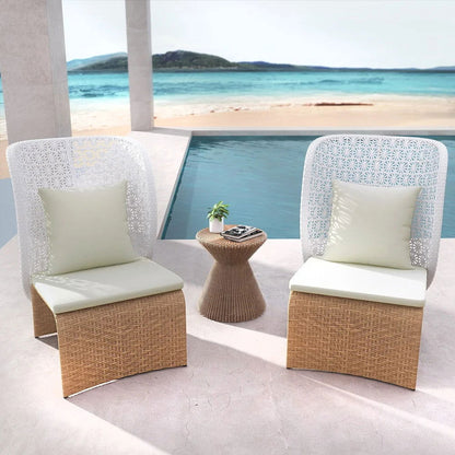 Hofer Rattan Outdoor Wingback Chair with White Cushion Pillow with Arched Bottom - Homary