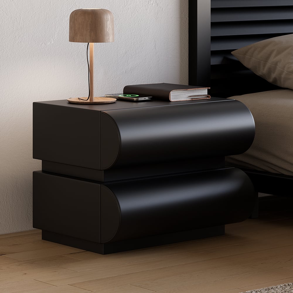 Humply Modern Black Leather Smart Nightstand with Wireless Charger Drawers Bedside Table - 