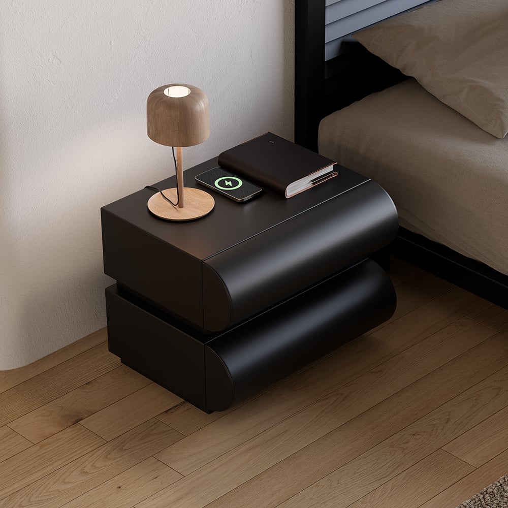 Humply Modern Black Leather Smart Nightstand with Wireless Charger Drawers Bedside Table - 