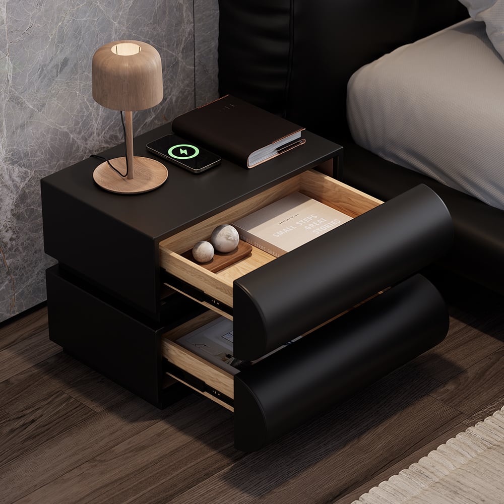 Humply Modern Black Leather Smart Nightstand with Wireless Charger Drawers Bedside Table - 