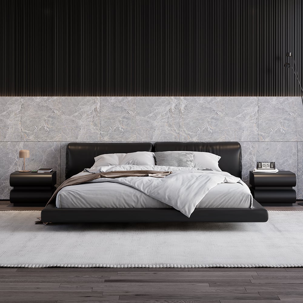 Humply Modern Black Leather Smart Nightstand with Wireless Charger Drawers Bedside Table - 