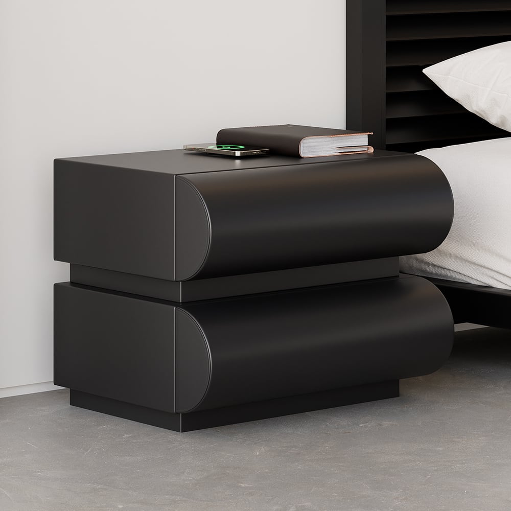 Humply Modern Black Leather Smart Nightstand with Wireless Charger Drawers Bedside Table - 
