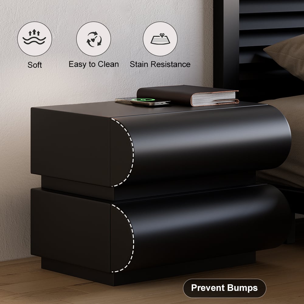 Humply Modern Black Leather Smart Nightstand with Wireless Charger Drawers Bedside Table - 