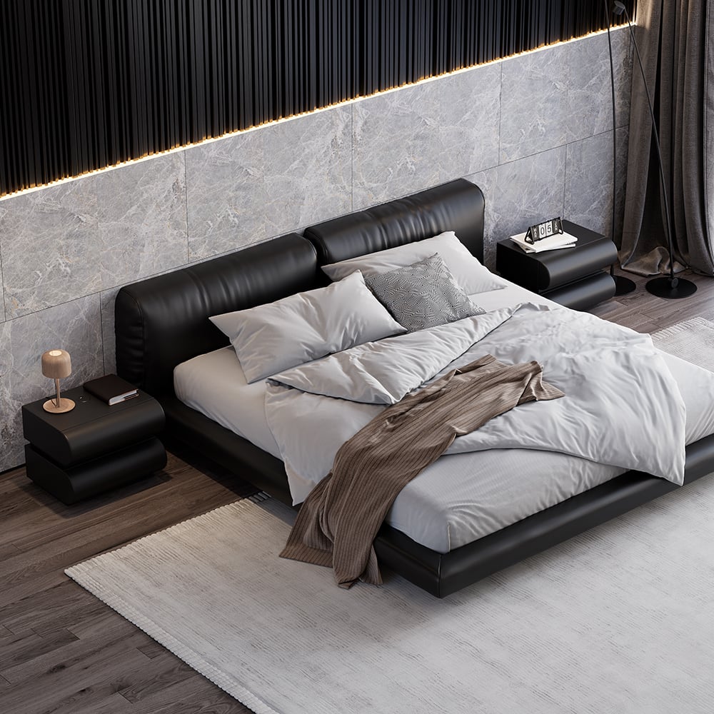 Humply Modern Black Leather Smart Nightstand with Wireless Charger Drawers Bedside Table - 