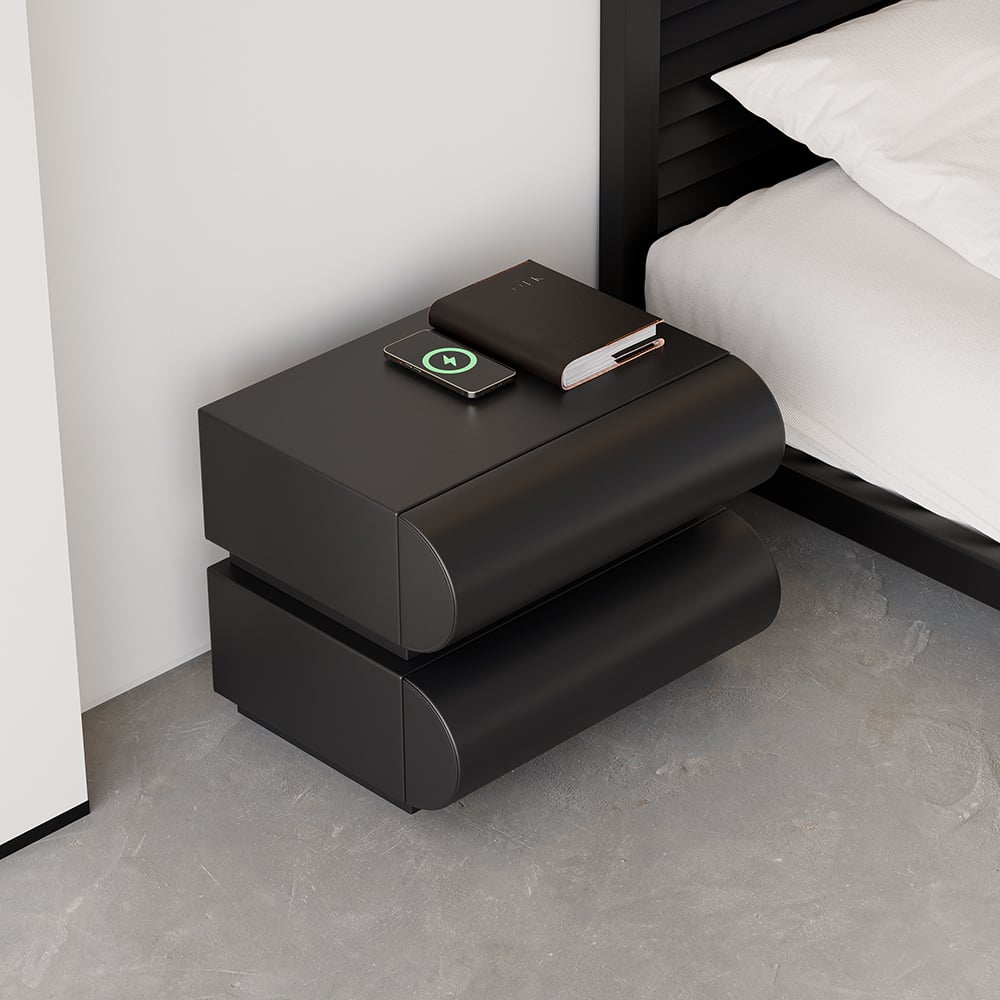 Humply Modern Black Leather Smart Nightstand with Wireless Charger Drawers Bedside Table - 